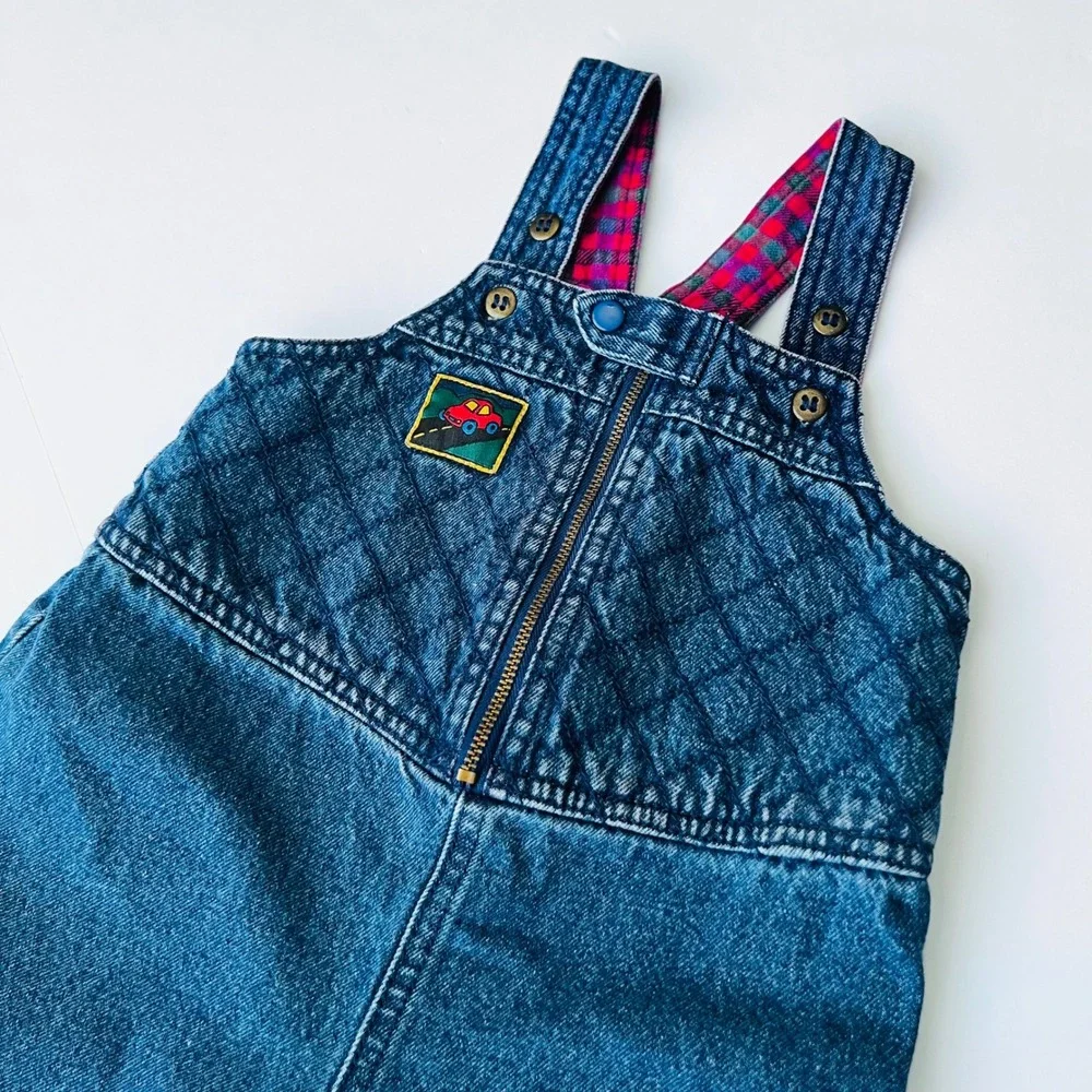 Vintage‎ Gymboree Baby Denim Overalls Infant Quilted Car Plaid Lined Cotton